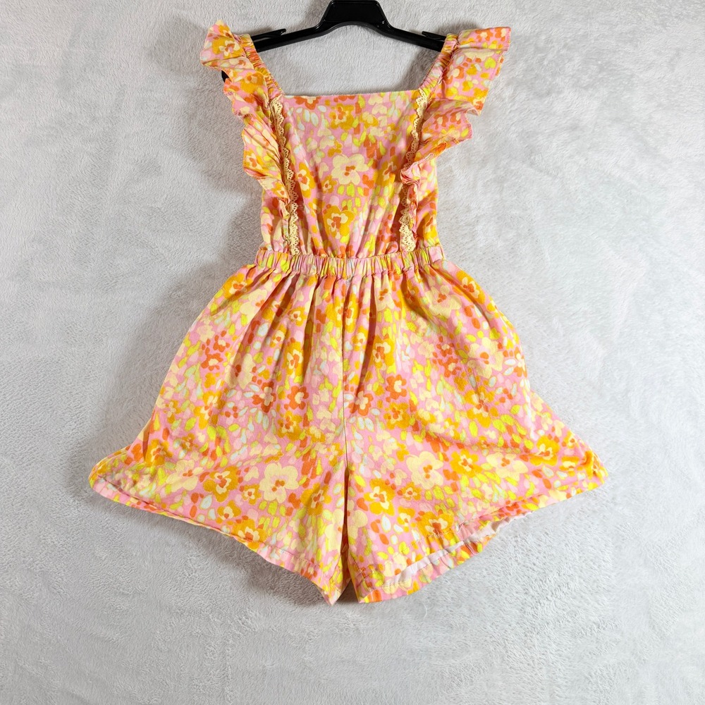 EttaVee Girls Vibrant Floral Ruffle Cross Back Romper Size 8 Pink Orange Yellow